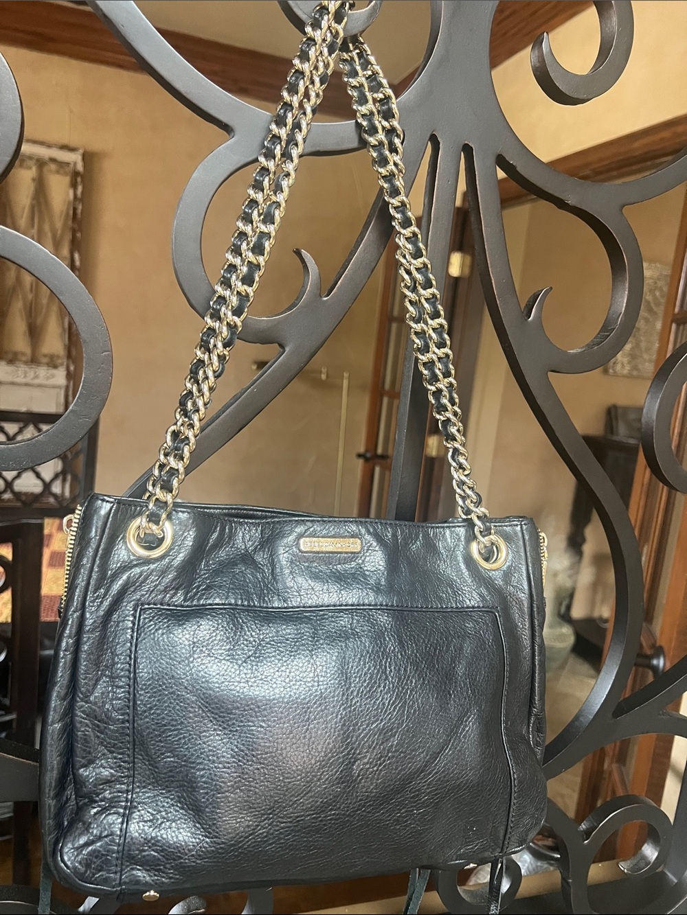 Rebecca Minkoff Black Leather Shoulder Bag with Gold Chain Straps